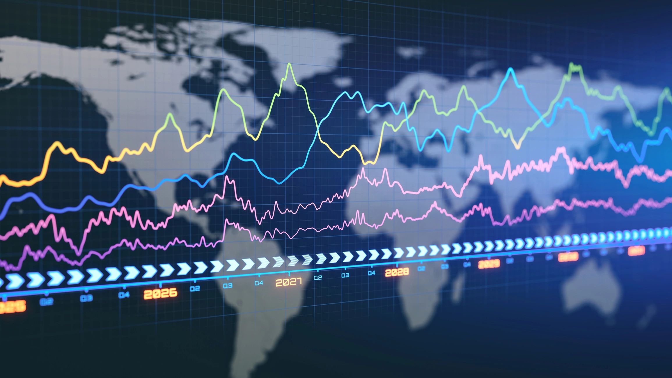 Analytics timeline and financial graph on a world map background